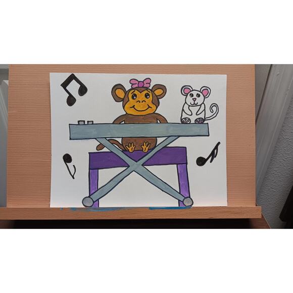 Monkey Playing Piano with Mouse: Fun Nursery Artwork on Watercolor Paper 9 x 12 - Picture 2 of 2